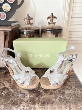Gianni Bini Silver Metallic Cork Wedge Sandals